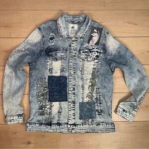 Refinery Republic Distressed Denim Jacket with Graphic Graffiti Patches XL